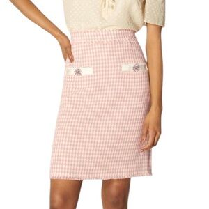 LK Bennett Beau Pink & Cream Tweed Fringe Trimmed Rhinestone Button Skirt - 6